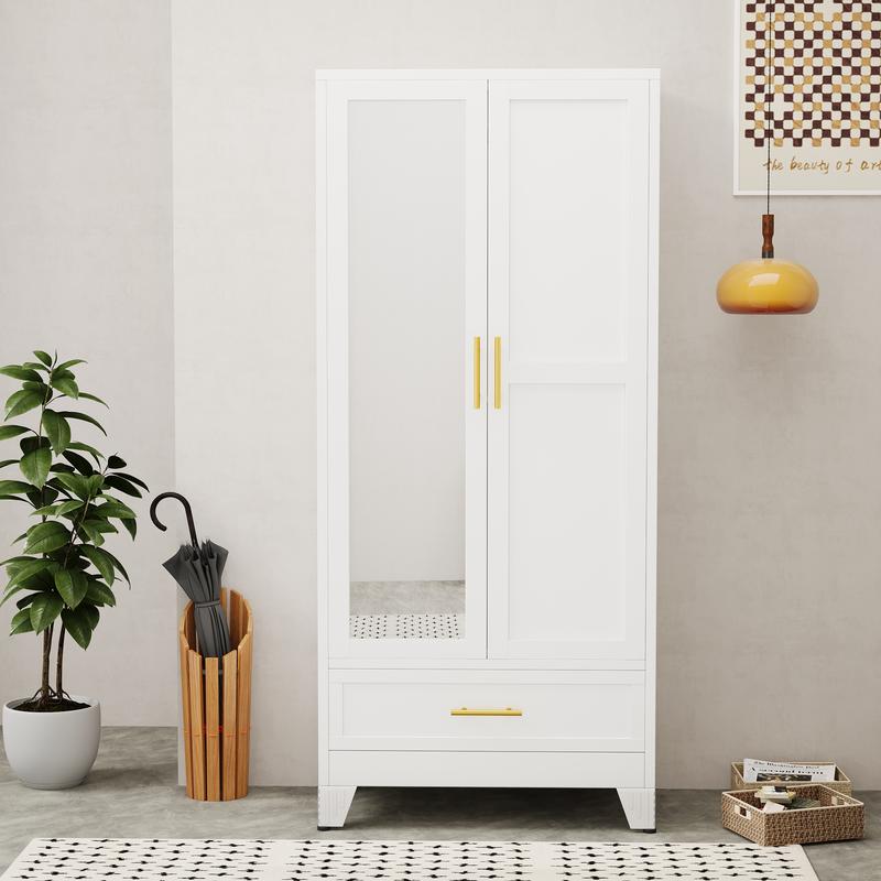 Minimalist Modern Wardrobe with Full-Length Mirror Door, Spacious Storage Drawers and Adjustable Closet System