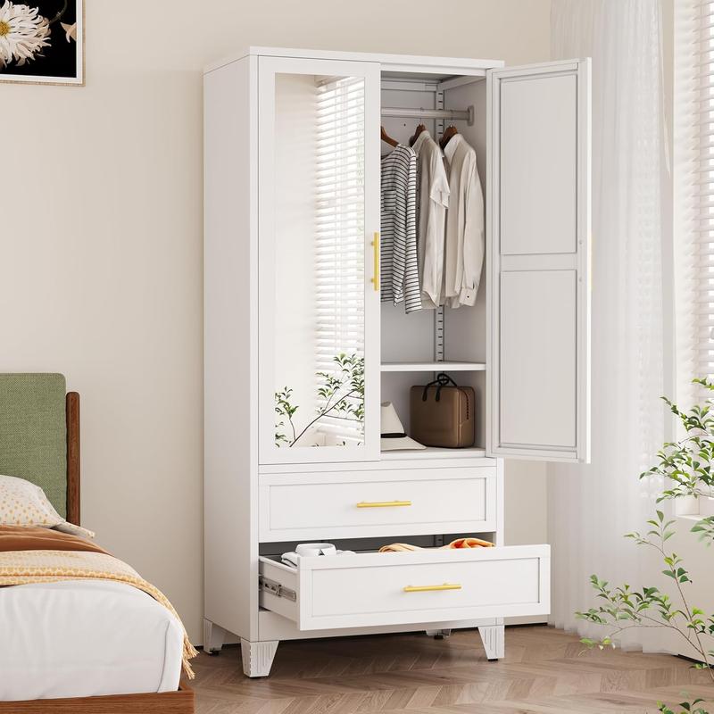 Minimalist Modern Wardrobe with Full-Length Mirror Door, Spacious Storage Drawers and Adjustable Closet System
