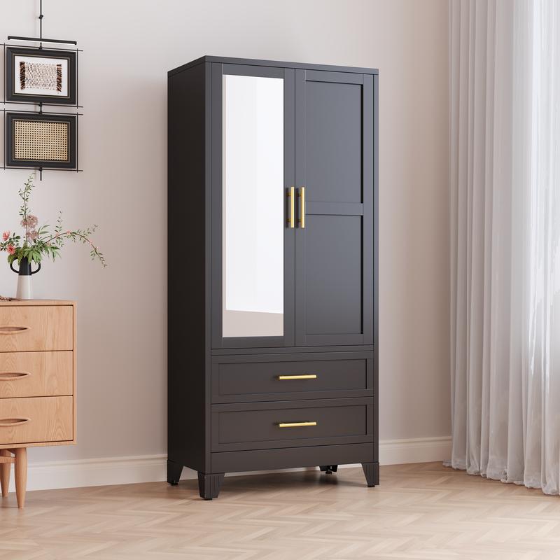 Minimalist Modern Wardrobe with Full-Length Mirror Door, Spacious Storage Drawers and Adjustable Closet System
