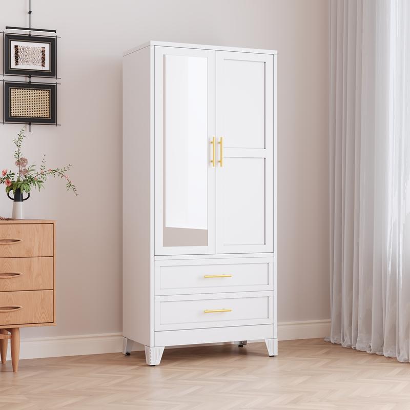Minimalist Modern Wardrobe with Full-Length Mirror Door, Spacious Storage Drawers and Adjustable Closet System