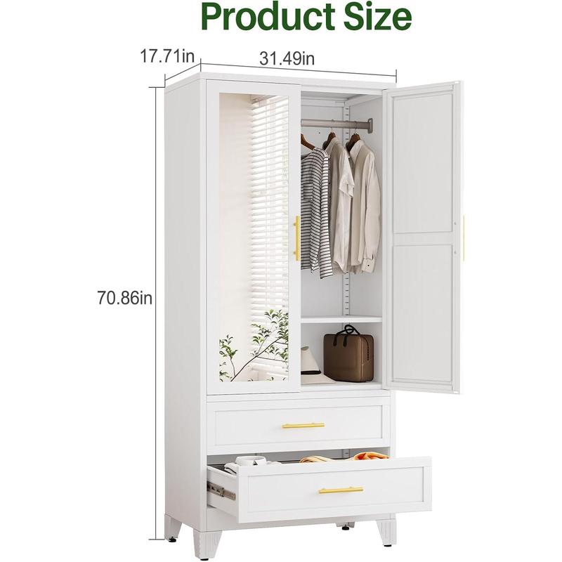 Minimalist Modern Wardrobe with Full-Length Mirror Door, Spacious Storage Drawers and Adjustable Closet System