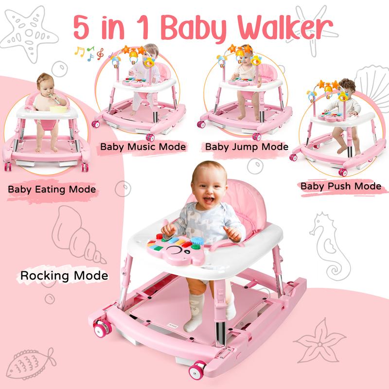 5-in-1 Baby Walker for Boys & Girls, Foldable Infant Walker with Adjustable Height