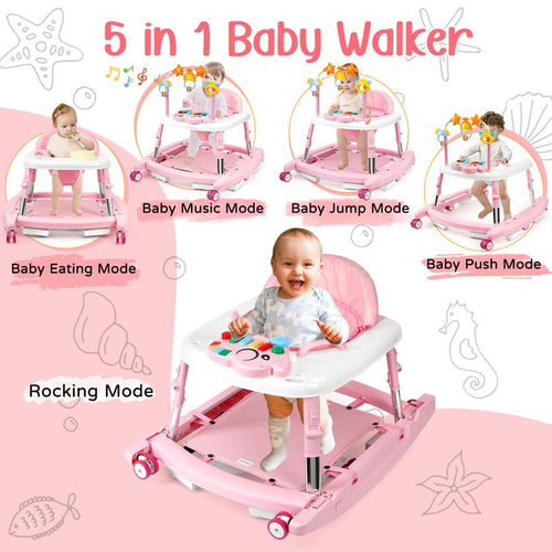 5-in-1 Baby Walker for Boys & Girls, Foldable Infant Walker with Adjustable Height