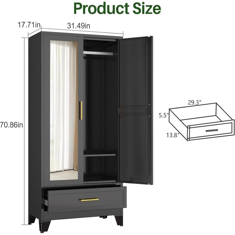 Minimalist Modern Wardrobe with Full-Length Mirror Door, Spacious Storage Drawers and Adjustable Closet System