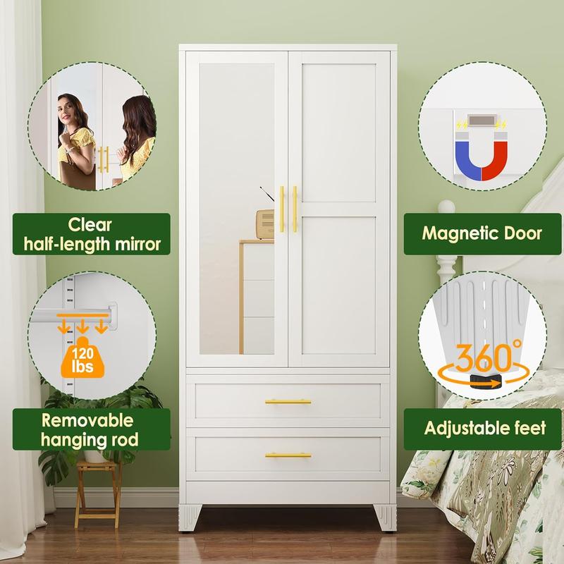 Minimalist Modern Wardrobe with Full-Length Mirror Door, Spacious Storage Drawers and Adjustable Closet System