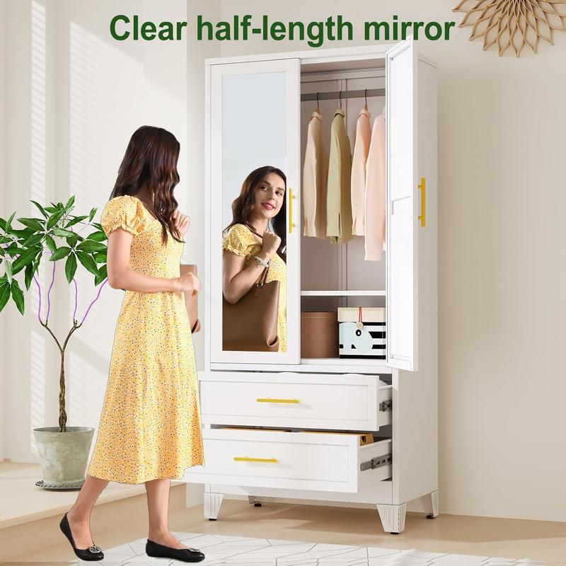 Minimalist Modern Wardrobe with Full-Length Mirror Door, Spacious Storage Drawers and Adjustable Closet System