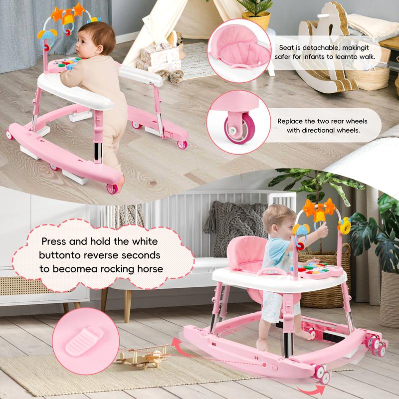 5-in-1 Baby Walker for Boys & Girls, Foldable Infant Walker with Adjustable Height