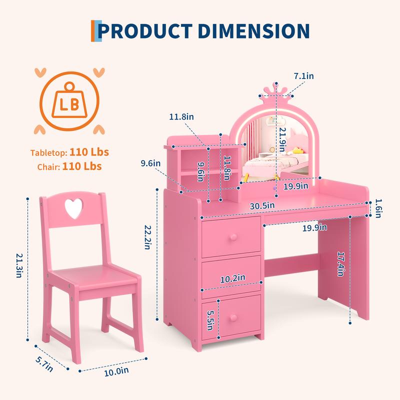Kids Vanity Table and Chair Set for Little Girls