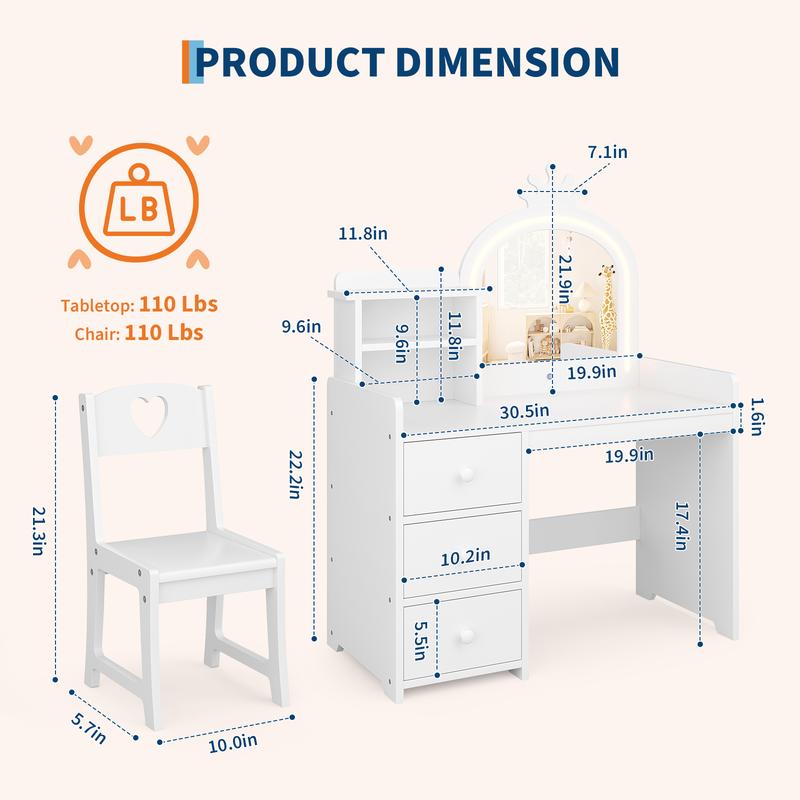 Kids Vanity Table and Chair Set for Little Girls